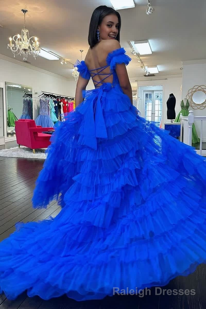 Royal Blue Off the Shoulder Ruffle Tiered Tulle Long Prom Dresses with Slit Secondary image