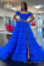 Royal Blue Off the Shoulder Ruffle Tiered Tulle Long Prom Dresses with Slit