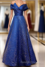 Royal Blue Off The Shoulder V-Neck Long Prom Dress Evening Dress,