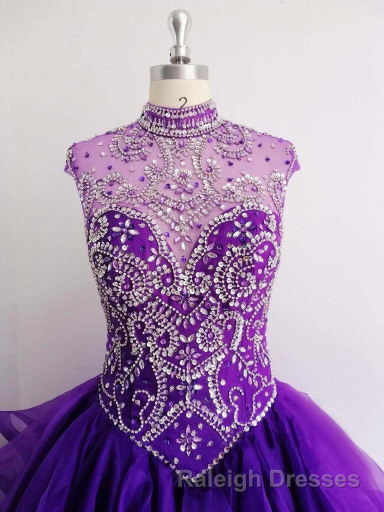 Royal Blue Organza High Neck Quinceanera Dresses Burgundy Prom Dresses