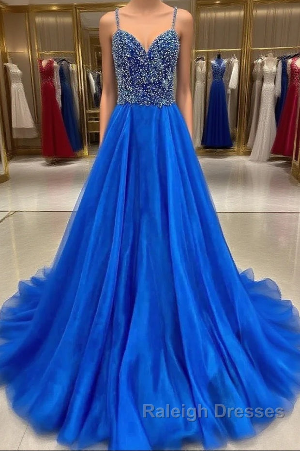 Royal Blue Prom Dresses A Line Spaghetti Straps Long Prom Dresses with Beading Main image