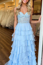 Royal Blue Prom Dress Chiffon Sweetheart Ruffle Tiered Long Prom Dress
