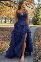 Royal Blue Prom Dress Chiffon Sweetheart Ruffle Tiered Long Prom Dress