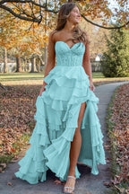 Royal Blue Prom Dress Chiffon Sweetheart Ruffle Tiered Long Prom Dress
