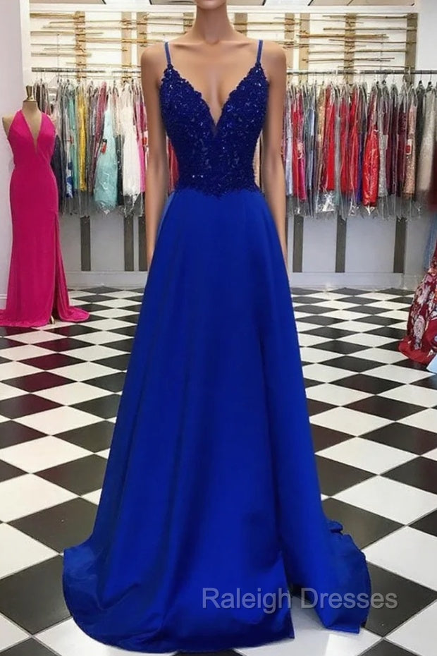 Royal Blue Prom Dresses, A-line V Neck Regular Straps Long/Floor-Length Satin Prom Dress With Appliqued Beading