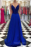 Royal Blue Prom Dresses, A-line V Neck Regular Straps Long/Floor-Length Satin Prom Dress With Appliqued Beading