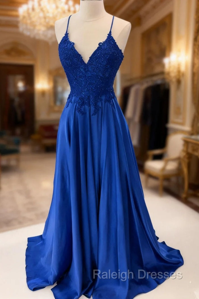Royal Blue Prom Dresses, A-line V Neck Sleeveless Long/Floor-Length Charmeuse Prom Dress With Appliqued Beading Lace