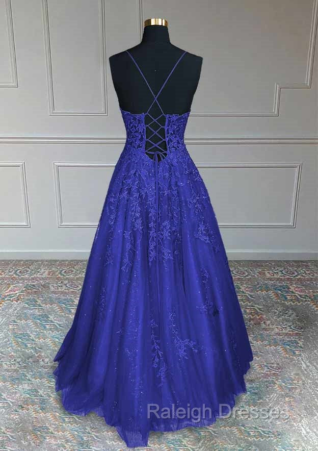 Royal Blue Prom Dresses, A-line V Neck Spaghetti Straps Long/Floor-Length Tulle Prom Dress With Appliqued Beading Glitter Secondary image