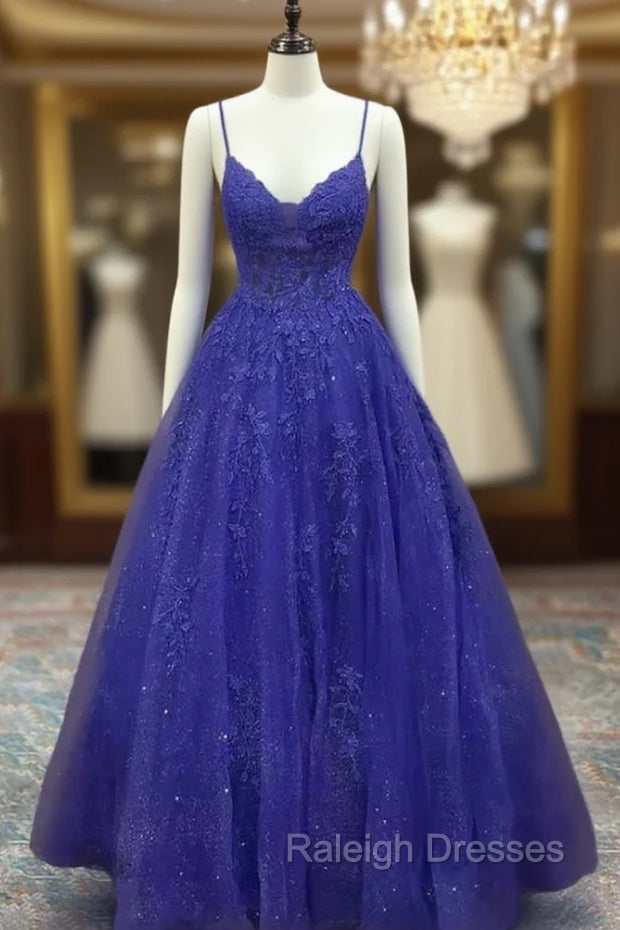 Royal Blue Prom Dresses, A-line V Neck Spaghetti Straps Long/Floor-Length Tulle Prom Dress With Appliqued Beading Glitter Main image