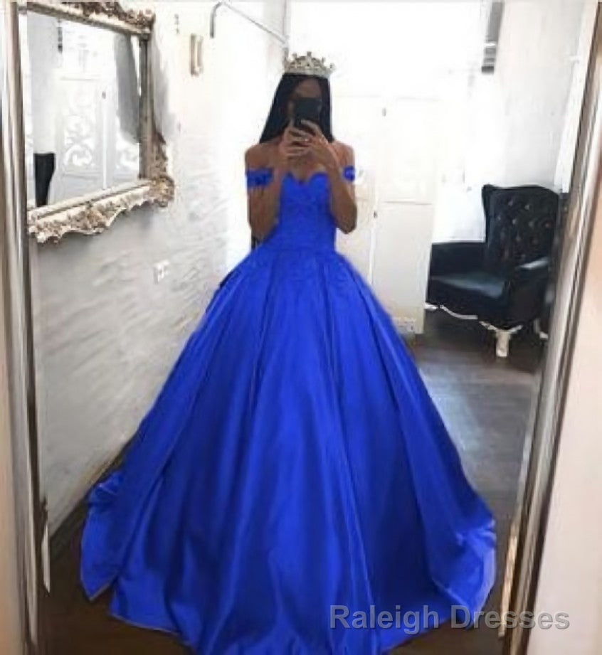 Royal Blue Prom Dresses Satin,Off the Shoulder Appliqued Quinceanera Dresses Sweep Train Main image