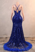 Royal Blue Prom Dresses Sequin Mermaid Long Prom Dresses Floor Length Sleeveless Spaghetti Strap with Feather