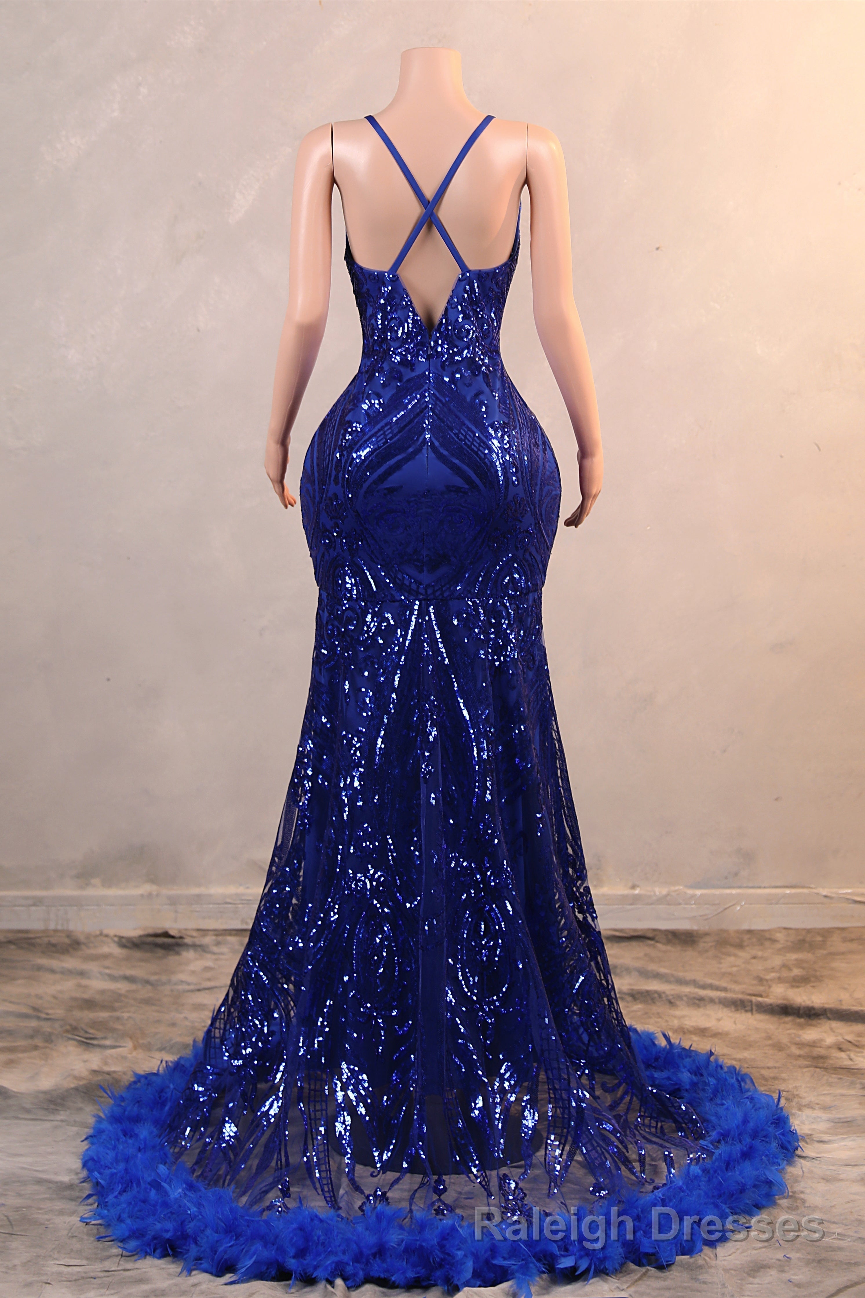 Royal Blue Prom Dresses Sequin Mermaid Long Prom Dresses Floor Length Sleeveless Spaghetti Strap with Feather