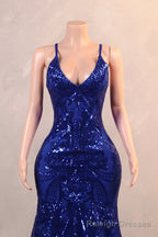 Royal Blue Prom Dresses Sequin Mermaid Long Evening Dresses Floor Length Sleeveless Spaghetti Strap with Feather