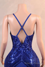 Royal Blue Prom Dresses Sequin Mermaid Long Prom Dresses Floor Length Sleeveless Spaghetti Strap with Feather