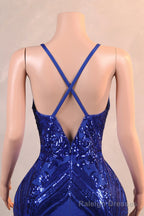 Royal Blue Prom Dresses Sequin Mermaid Long Evening Dresses Floor Length Sleeveless Spaghetti Strap with Feather