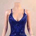 Royal Blue Prom Dresses Sequin Mermaid Long Evening Dresses Floor Length Sleeveless Spaghetti Strap with Feather