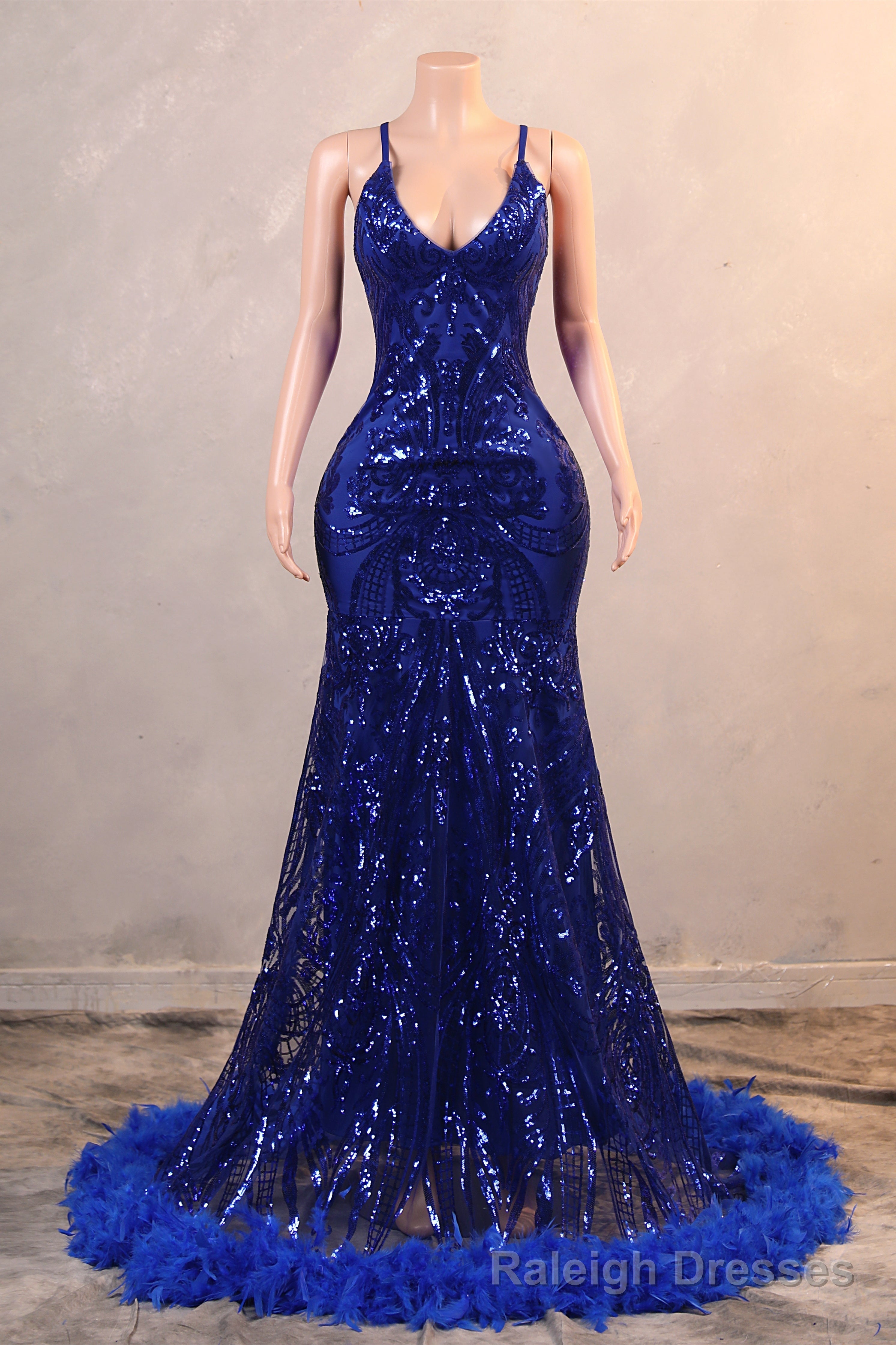 Royal Blue Prom Dresses Sequin Mermaid Long Evening Dresses Floor Length Sleeveless Spaghetti Strap with Feather Main image
