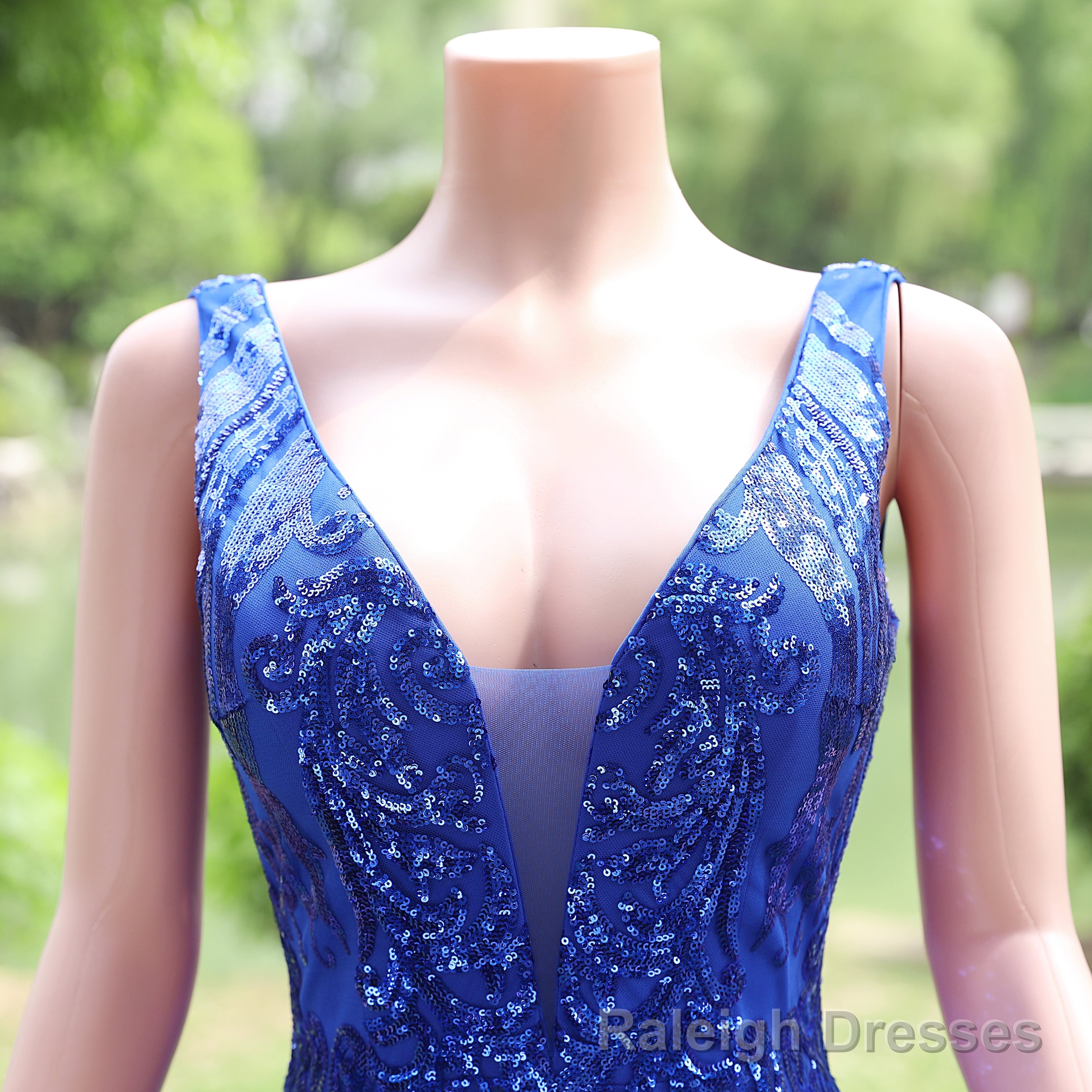 Royal Blue Prom Dresses Sequins V Neck Mermaid Women Evening Dresses Sleeveless