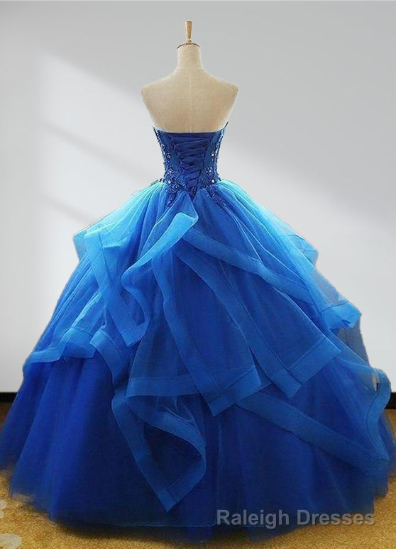 Royal Blue Quinceanera Dresses Organza Lace Applique Prom Dresses