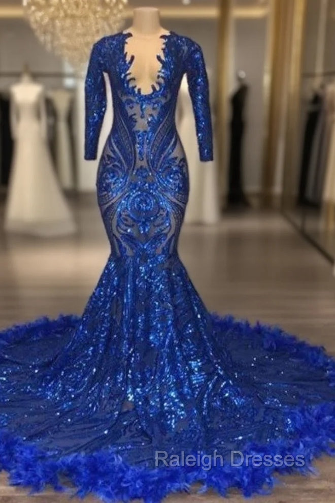 Royal Blue Robe De Soiree Mermaid V-Neck Long Sleeves Appliques Feather Long Prom Dresses Prom Gown Evening Dresses Main image