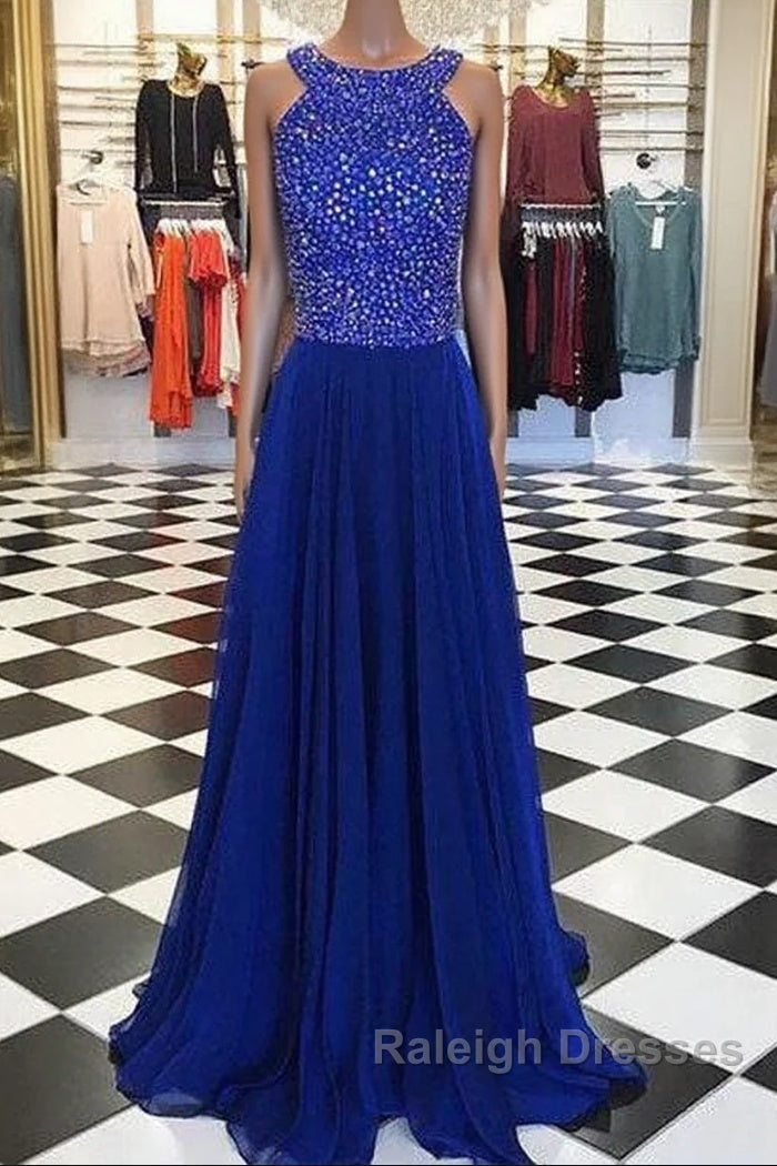 Royal Blue Round Neck Long Prom Dress, Blue Evening Dress Main image