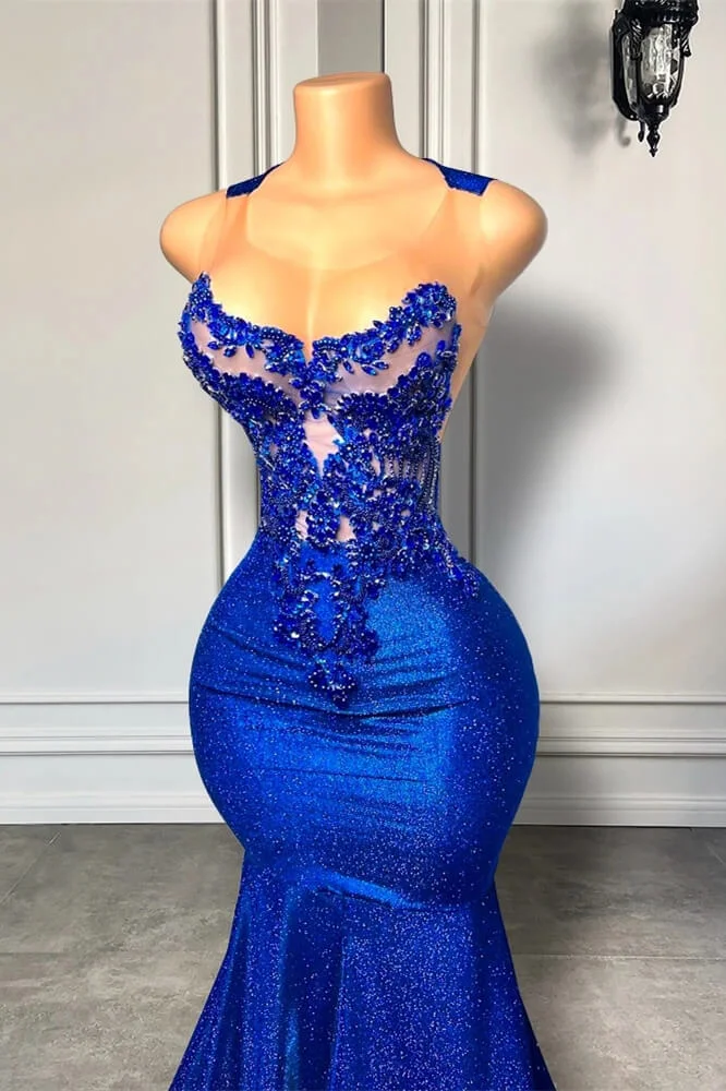 Royal Blue Round Neck Mermaid Court Train Prom Dresses