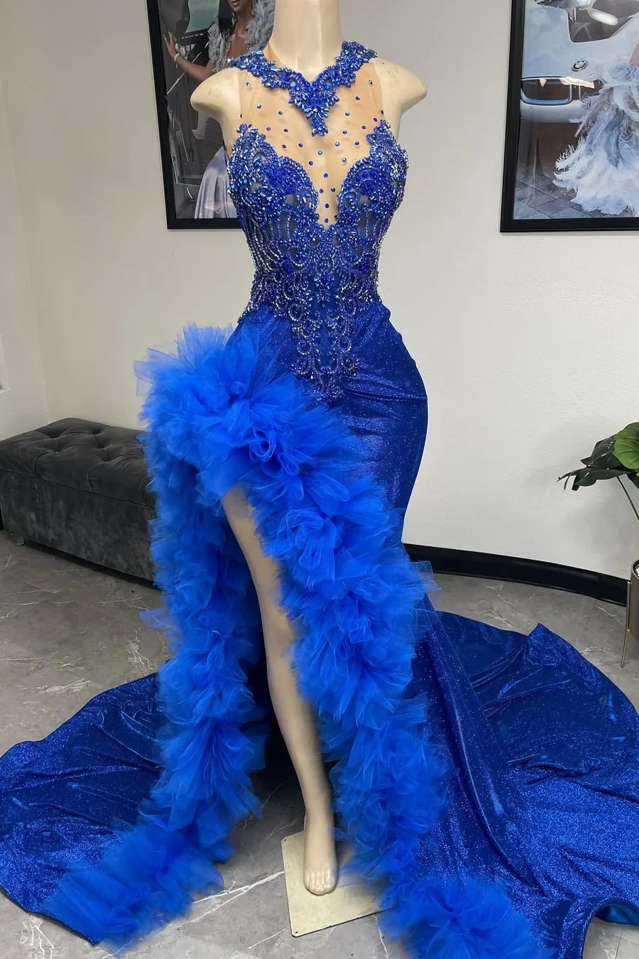 Royal Blue Ruffles High Split Court Train Sleeveless Hugh Neck Prom Dresses Main image