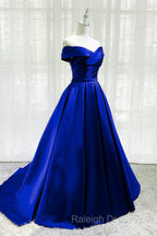 Royal Blue Satin A-Line Long Party Dress, Simple Long Prom Dress Evening Dress