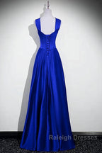Royal Blue Satin A-Line Simple Long Party Dress, Royal Blue Satin Floor Length Prom Dress
