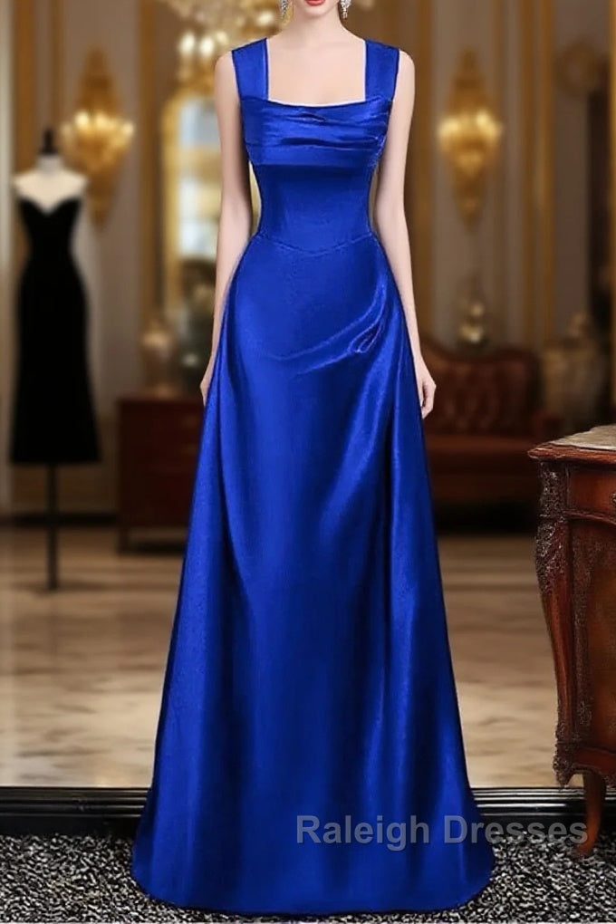 Royal Blue Satin A-Line Simple Long Party Dress, Royal Blue Satin Floor Length Prom Dress Main image