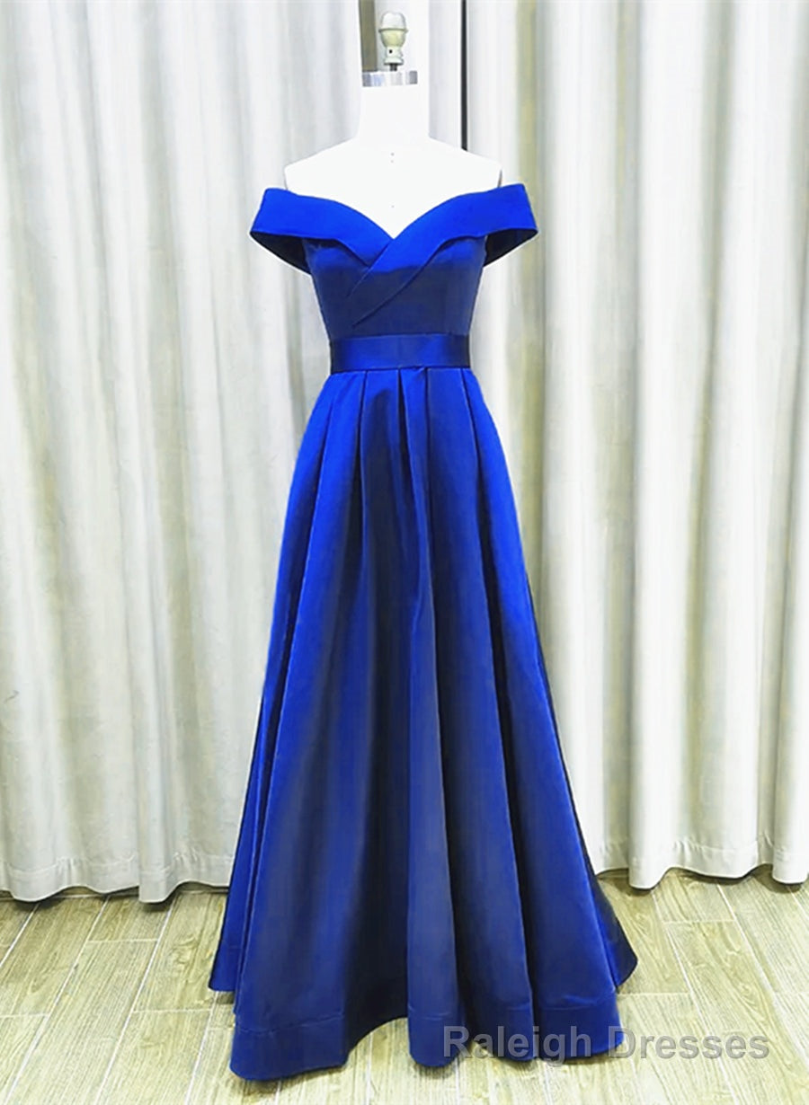 Royal Blue Satin A-line Simple Off Shoulder Prom Dress, Blue Bridesmaid Dress Secondary image