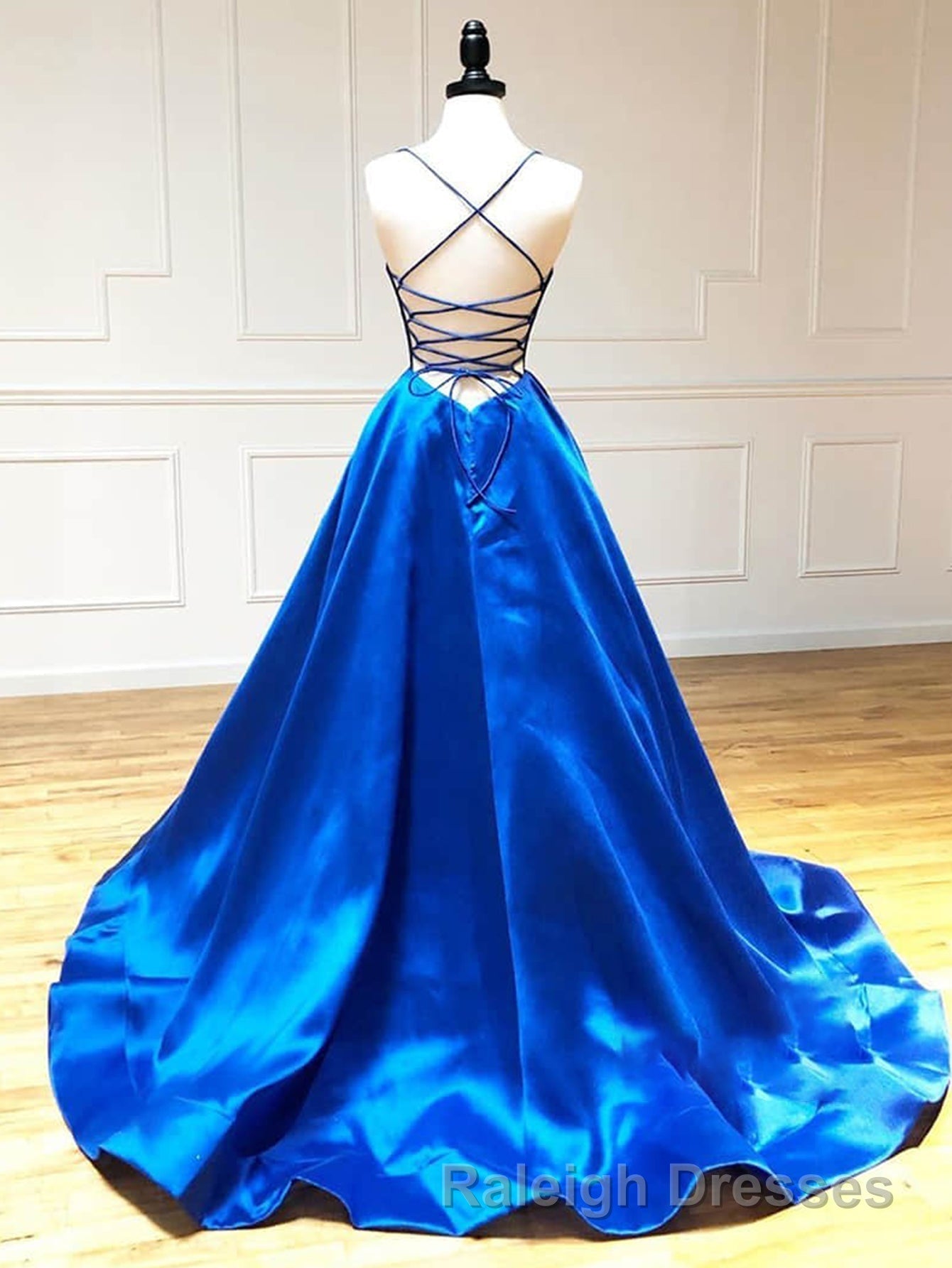 Royal Blue Satin A Line V Neck Long Prom Dress Secondary image