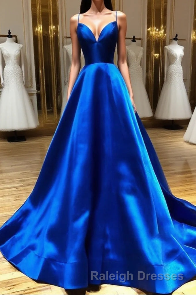 Royal Blue Satin A Line V Neck Long Prom Dress Main image