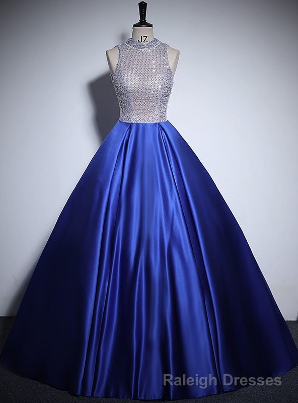Royal Blue Satin Backless Sequins Prom Dress Main image