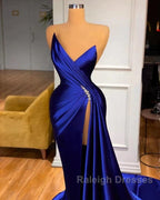 Royal Blue Satin Beading Ruched Prom Dresses With Slit
