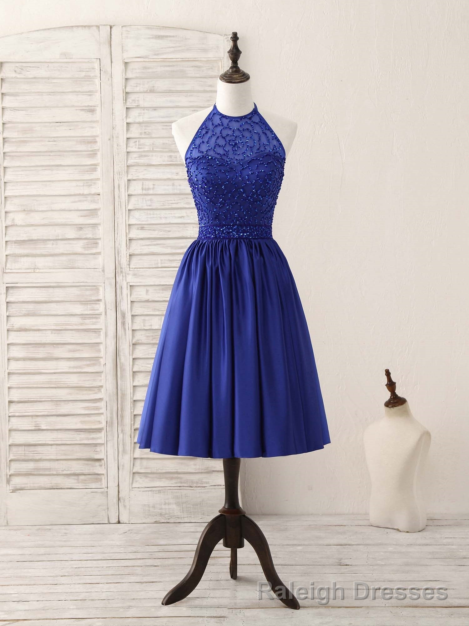 Royal Blue Satin Beads Short Prom Dress Blue Homecoming Dress Main image