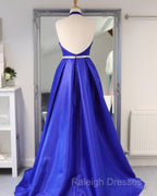 Royal Blue Satin Deep V Neck Simple Long Prom Dress Backless Party Dresses
