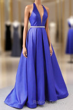 Royal Blue Satin Deep V Neck Simple Long Prom Dress Backless Party Dresses