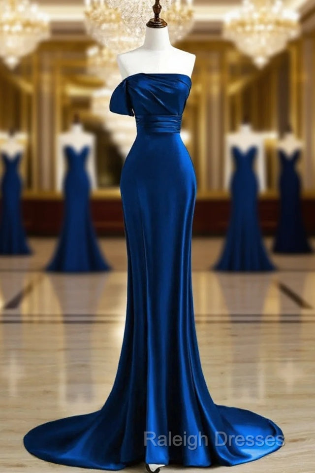 Royal Blue Satin Mermaid Scoop Long Party Dress, Royal Blue Prom Dress