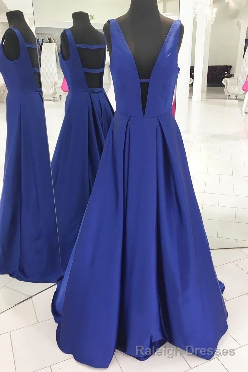 Royal Blue Satin Prom Gowns with Deep V-neckline,Formal Dresses Main image