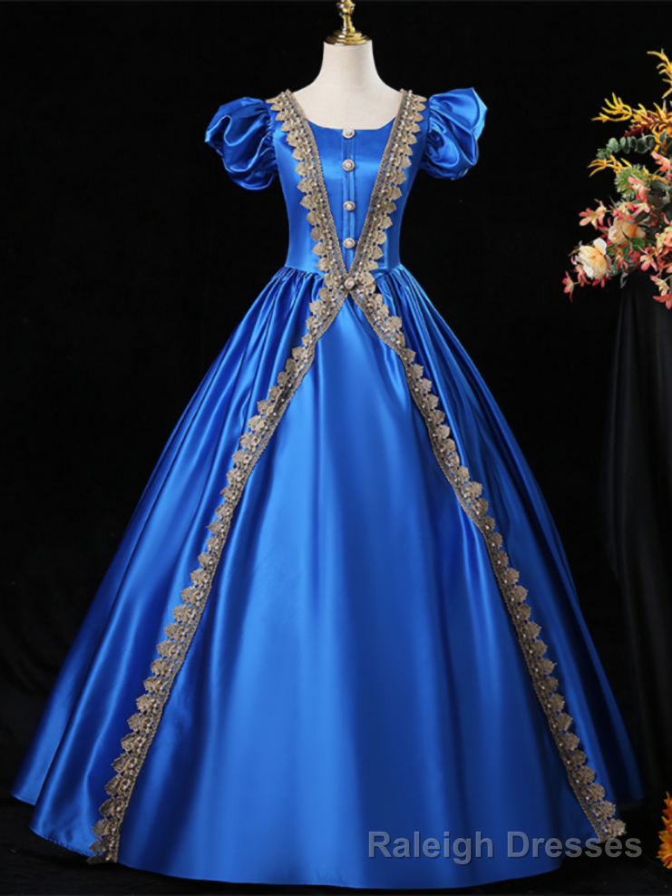 Royal Blue Satin Puff Sleeve Appliques Victorian Vintage Dress Main image