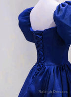 Royal Blue Satin Short Sleeves Wedding Prom Dress, Royal Blue Prom Dress