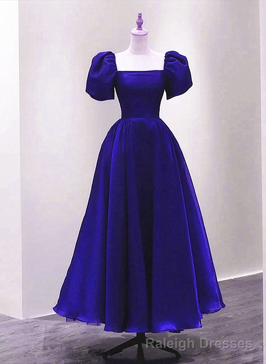 Royal Blue Satin Short Sleeves Wedding Prom Dress, Royal Blue Prom Dress Main image