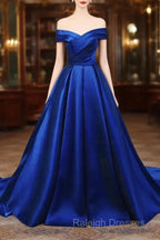 Royal Blue Satin Sweetheart Off Shoulder Long Formal Dress, A-Line Prom Dress