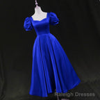 Royal Blue Satin Tea Length Wedding Prom Dress, Blue Prom Homecoming Dress