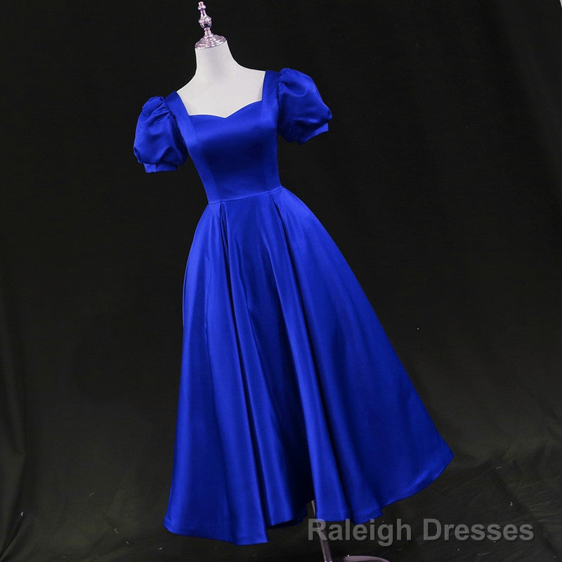 Royal Blue Satin Tea Length Wedding Prom Dress, Blue Prom Homecoming Dress