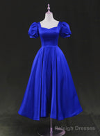 Royal Blue Satin Tea Length Wedding Party Dress, Blue Prom Homecoming Dress