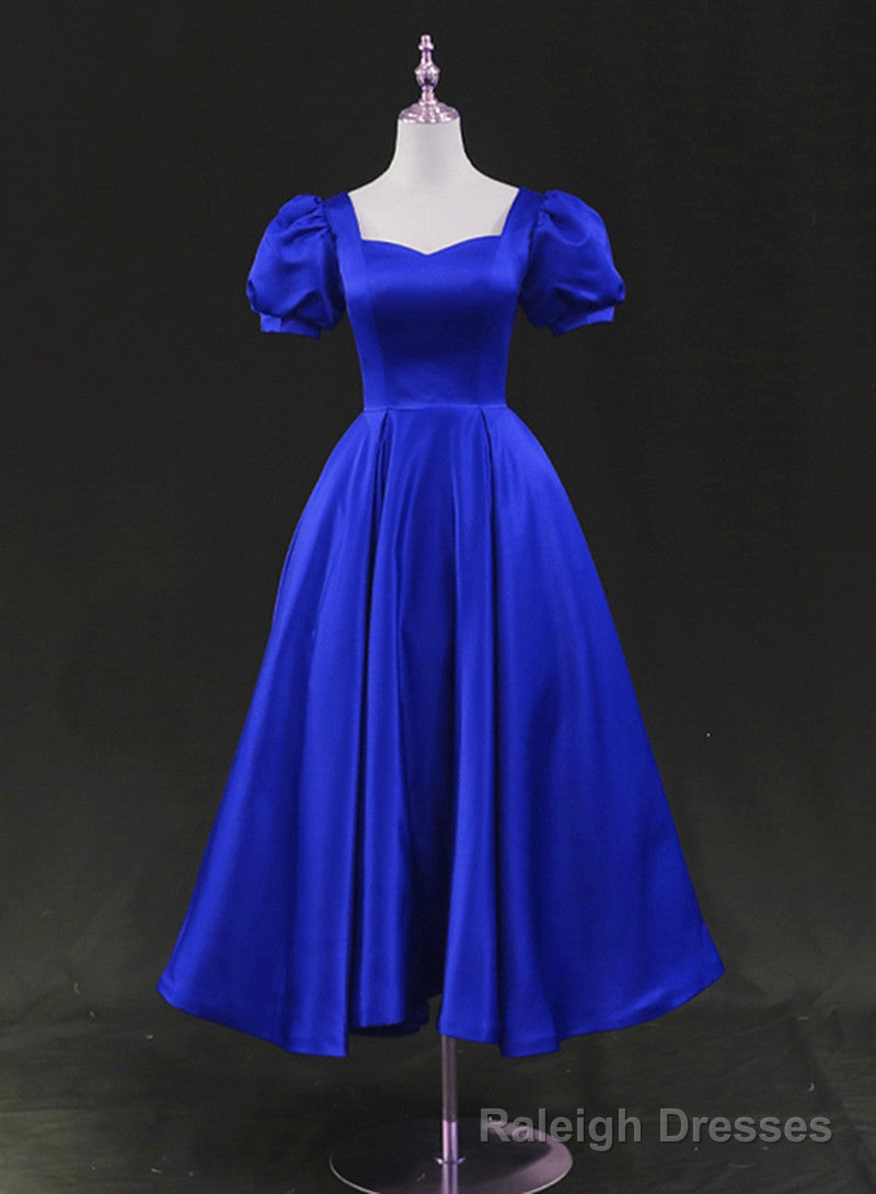Royal Blue Satin Tea Length Wedding Prom Dress, Blue Prom Homecoming Dress Secondary image