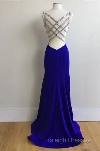 Royal Blue Satin V Neck Mermaid Evening Dresses With Cross Back