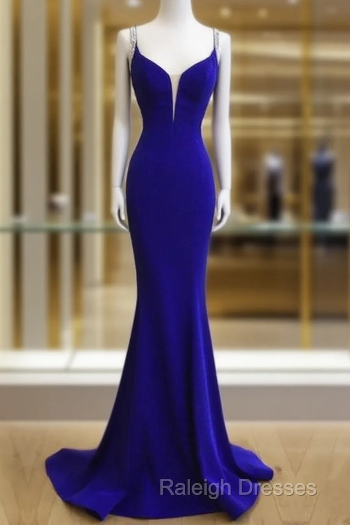 Royal Blue Satin V Neck Mermaid Evening Dresses With Cross Back Main image
